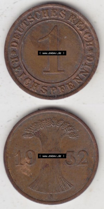 Weimarer Republik Umlaufmünze 1924-1936, 1 Reichspfennig A, 1932, Münzen Vollansicht Vertikal zum Download Sammlung