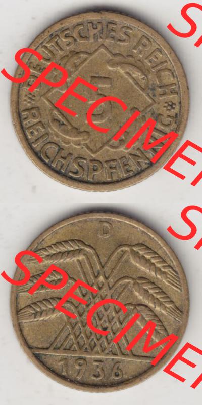 Deutsches Reich Umlaufmünze 1924-1936, 5 Reichspfennig D, 1936, Münzen Vollansicht Vertikal zum Download für Mobile-Geräte Sammlung