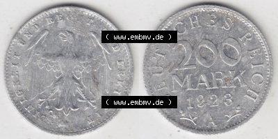 Weimarer Republik Umlaufmünze 1923-1923, 200 Mark A Einigkeit und Recht und Freiheit, Münzen Vollansicht Horizontal zum Download Sammlung