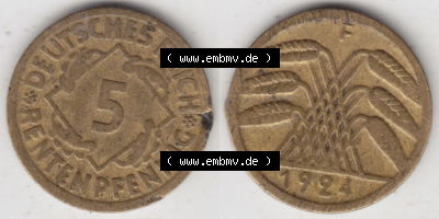 Weimarer Republik Umlaufmünze 1924-1936, 5 Reichspfennig F, 1924 I, Münzen Vollansicht Horizontal zum Download Sammlung