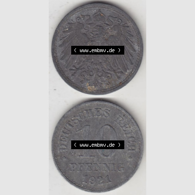 Weimarer Republik Umlaufmünze 1917-1922, 10 Pfennig Reichsadler, Keine Prägestätte 1921 II, Münzen Vollansicht Vertikal zum Download Sammlung