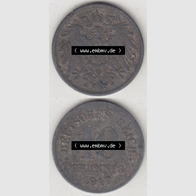 Deutsches Kaiserreich Umlaufmünze 1917-1922, 10 Pfennig kein Mzz. 1917 II, Münzen Vollansicht Vertikal zum Download Sammlung