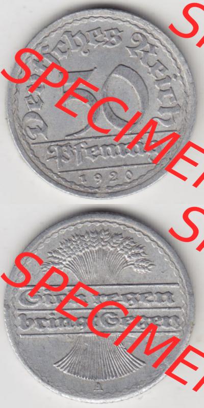 Weimarer Republik Umlaufmünze 1919-1922, 50 Pfennig A, 1920, Münzen Vollansicht Vertikal zum Download Sammlung