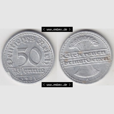 Weimarer Republik Umlaufmünze 1919-1922, 50 Pfennig A, 1921, Münzen Vollansicht Horizontal zum Download Sammlung