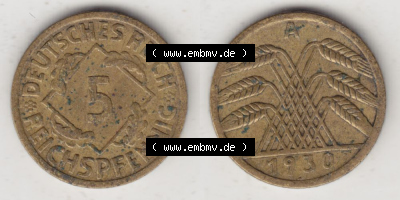 Weimarer Republik Umlaufmünze 1924-1936, 5 Reichspfennig A, 1930, Münzen Vollansicht Horizontal zum Download Sammlung