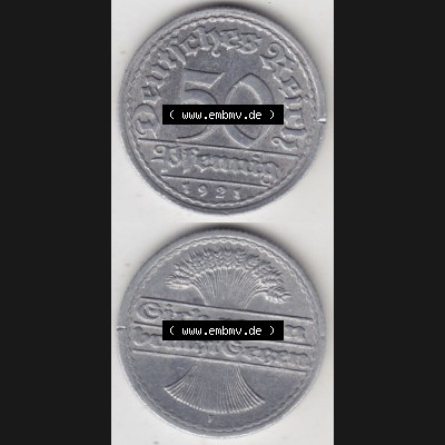 Weimarer Republik Umlaufmünze 1919-1922, 50 Pfennig F, 1921, Münzen Vollansicht Vertikal zum Download für Mobile-Geräte Sammlung