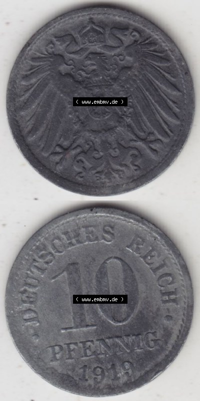 Weimarer Republik Umlaufmünze 1917-1922, 10 Pfennig Reichsadler, Keine Prägestätte 1919, Münzen Vollansicht Vertikal zum Download Sammlung