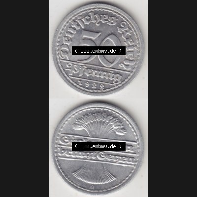 Weimarer Republik Umlaufmünze 1919-1922, 50 Pfennig G, 1922 Sich Regen Bringt Segen, Münzen Vollansicht Vertikal zum Download für Mobile-Geräte Sammlung