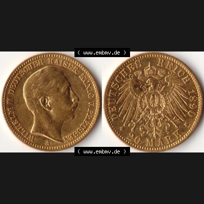 Goldmünze Kaiserreich 1890-1913, 20 Mark Wilhelm II., Münzen Vollansicht Horizontal zum Download Sammlung