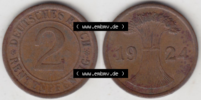 Weimarer Republik Umlaufmünze 1923-1936, 2 Reichspfennig A, 1924, Münzen Vollansicht Horizontal zum Download Sammlung