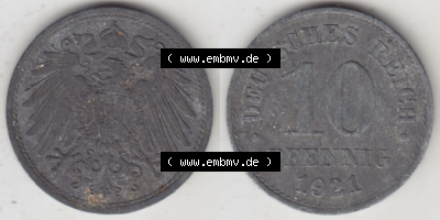 Weimarer Republik Umlaufmünze 1917-1922, 10 Pfennig Reichsadler, Keine Prägestätte 1921 II, Münzen Vollansicht Horizontal... Sammlung