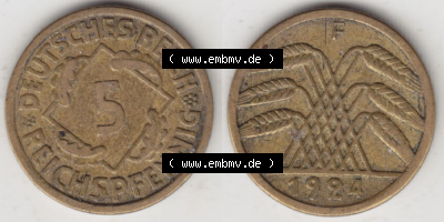 Weimarer Republik Umlaufmünze 1924-1936, 5 Reichspfennig F, 1924 II, Münzen Vollansicht Horizontal zum Download Sammlung