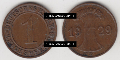 Weimarer Republik Umlaufmünze 1924-1936, 1 Reichspfennig D, 1929, Münzen Vollansicht Horizontal zum Download Sammlung