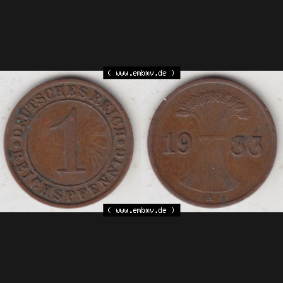 Deutsches Reich Umlaufmünze 1924-1936, 1 Reichspfennig A, 1933 II, Münzen Vollansicht Horizontal zum Download Sammlung