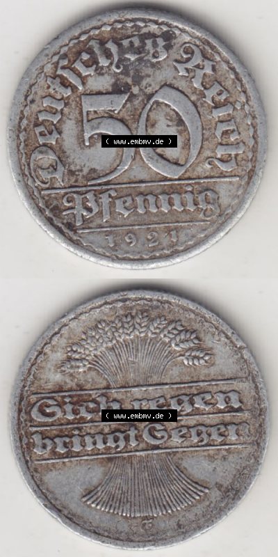 Weimarer Republik Umlaufmünze 1919-1922, 50 Pfennig F, 1921 Sich Regen Bringt Segen, Münzen Vollansicht Vertikal zum Download... Sammlung