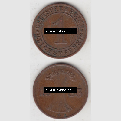 Deutsches Reich Umlaufmünze 1924-1936, 1 Reichspfennig A, 1933 II, Münzen Vollansicht Vertikal zum Download für Mobile-Geräte Sammlung