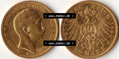 Goldmünze Kaiserreich 1890-1913, 20 Mark Wilhelm II., Münzen Vollansicht Horizontal zum Download Sammlung