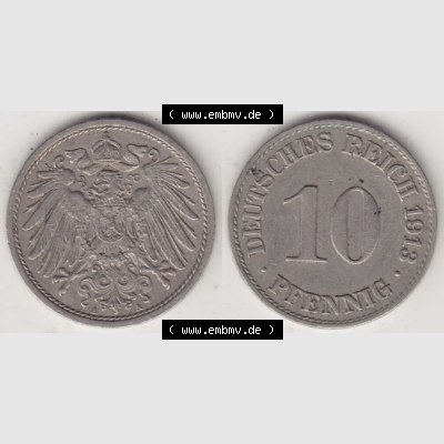 Deutsches Kaiserreich Umlaufmünze 1890-1916, 10 Pfennig A, 1913 II, Münzen Vollansicht Horizontal zum Download Sammlung