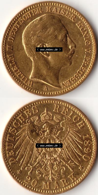 Goldmünze Kaiserreich 1890-1913, 20 Mark Wilhelm II., Münzen Vollansicht Vertikal zum Download Sammlung