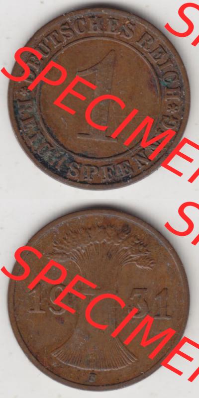 Weimarer Republik Umlaufmünze 1924-1938, 1 Reichspfennig E, 1931, Münzen Vollansicht Vertikal zum Download Sammlung