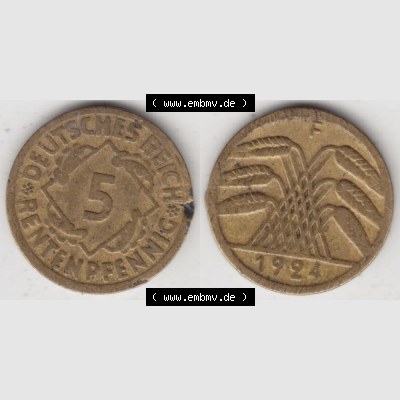 Weimarer Republik Umlaufmünze 1924-1936, 5 Reichspfennig F, 1924 I, Münzen Vollansicht Horizontal zum Download Sammlung