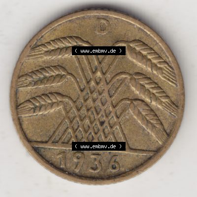 Deutsches Reich Umlaufmünze 1924-1936, 5 Reichspfennig D, 1936, Münzen Rückseite zum Download Sammlung