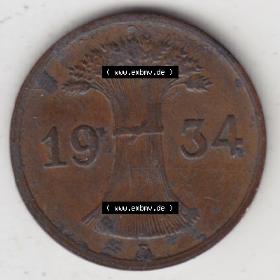 Deutsches Reich Umlaufmünze 1924-1936, 1 Reichspfennig E, 1934, Münzen Rückseite zum Download Sammlung