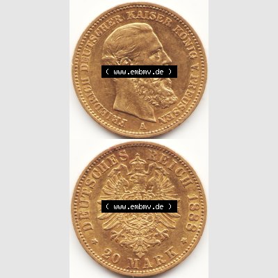 Goldmünze Kaiserreich 1888-1888, 20 Mark Friedrich III., Münzen Vollansicht Vertikal zum Download Sammlung