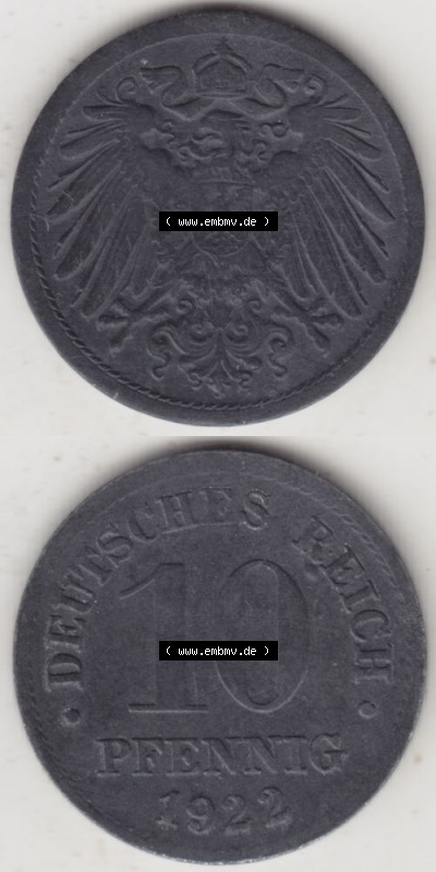 Weimarer Republik Umlaufmünze 1917-1922, 10 Pfennig kein Mzz. 1922, Münzen Vollansicht Vertikal zum Download Sammlung