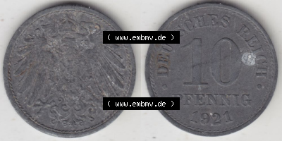 Weimarer Republik Umlaufmünze 1917-1922, 10 Pfennig Reichsadler, Keine Prägestätte 1921 I., Münzen Vollansicht Horizontal... Sammlung