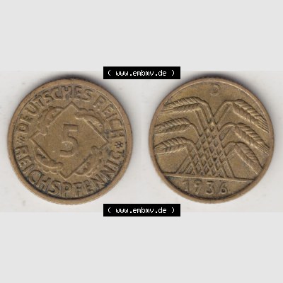 Deutsches Reich Umlaufmünze 1924-1936, 5 Reichspfennig D, 1936, Münzen Vollansicht Horizontal zum Download Sammlung
