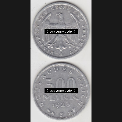 Weimarer Republik Umlaufmünze 1923-1923, 500 Mark F, Münzen Vollansicht Vertikal zum Download für Mobile-Geräte Sammlung
