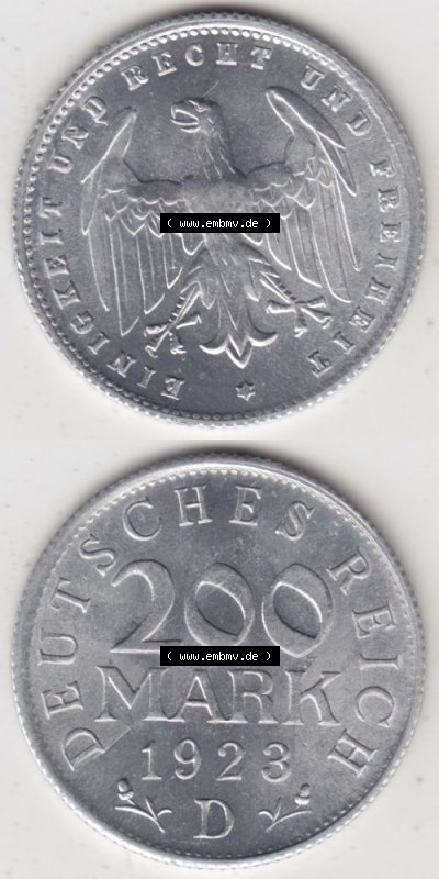 Weimarer Republik Umlaufmünze 1923-1923, 200 Mark D, 1923, Münzen Vollansicht Vertikal zum Download für Mobile-Geräte Sammlung