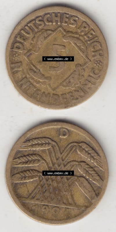 Weimarer Republik Umlaufmünze 1923-1924, 5 Rentenpfennig D, 1924 II, Münzen Vollansicht Vertikal zum Download für Mobile-Geräte Sammlung