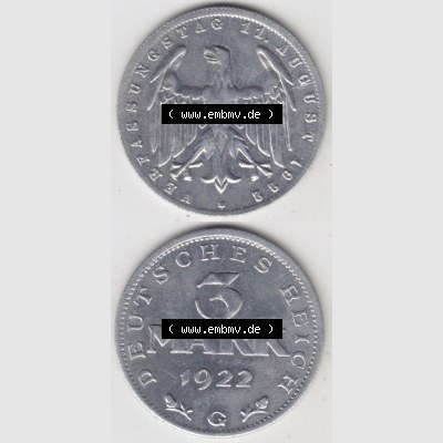 Weimarer Republik Umlaufmünze 1922-1923, 3 Mark G Verfassungstag 11. August 1922, Münzen Vollansicht Vertikal zum Download für Mobile-Geräte Sammlung