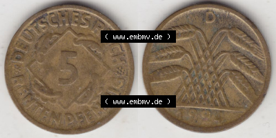Weimarer Republik Umlaufmünze 1923-1924, 5 Rentenpfennig D, 1924 I., Münzen Vollansicht Horizontal zum Download Sammlung
