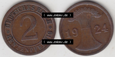Weimarer Republik Umlaufmünze 1923-1924, 2 Rentenpfennig 1924 A, D, E, F, G, J, Münzen Vollansicht Horizontal zum Download Sammlung