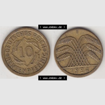 Weimarer Republik Umlaufmünze 1923-1925, 10 Rentenpfennig F, 1924, Münzen Vollansicht Horizontal zum Download Sammlung