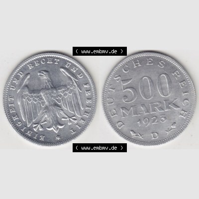 Weimarer Republik Umlaufmünze 1923-1923, 500 Mark D, 1923, Münzen Vollansicht Horizontal zum Download Sammlung