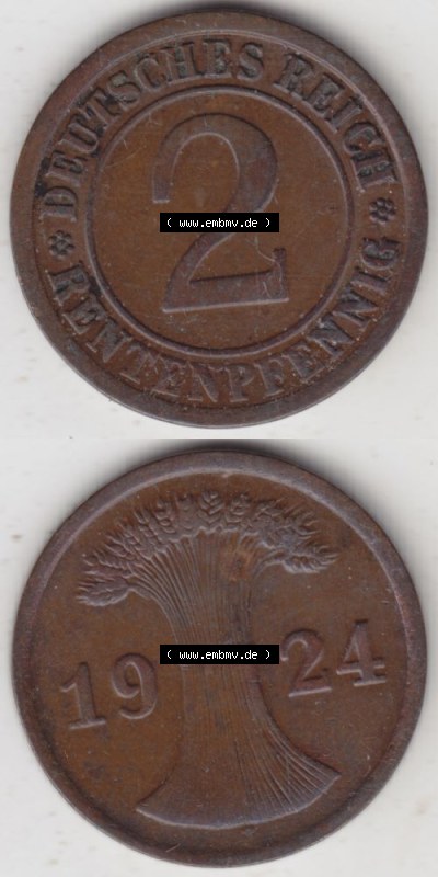Weimarer Republik Umlaufmünze 1923-1924, 2 Rentenpfennig 1924 A, D, E, F, G, J, Münzen Vollansicht Vertikal zum Download für... Sammlung