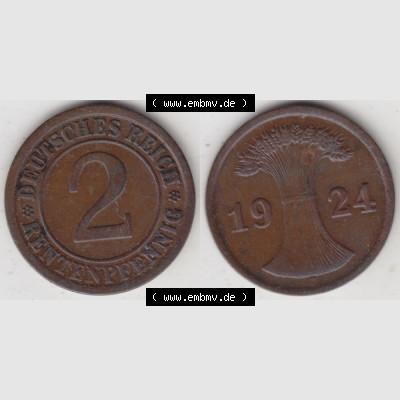 Weimarer Republik Umlaufmünze 1923-1924, 2 Rentenpfennig 1924 A, D, E, F, G, J, Münzen Vollansicht Horizontal zum Download Sammlung