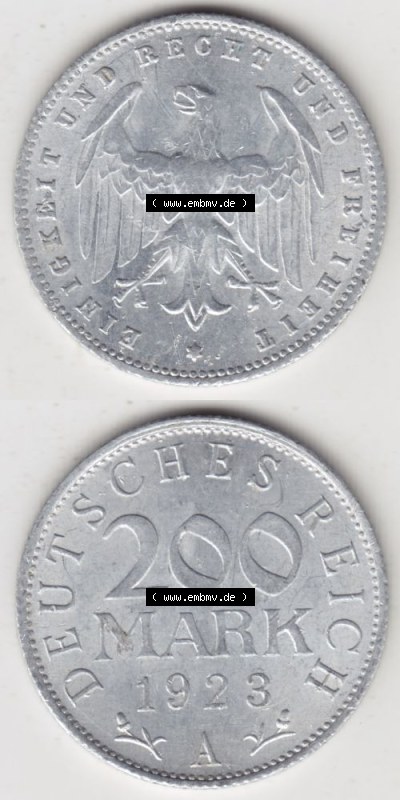 Weimarer Republik Umlaufmünze 1923-1923, 200 Mark A, 1923 I., Münzen Vollansicht Vertikal zum Download für Mobile-Geräte Sammlung