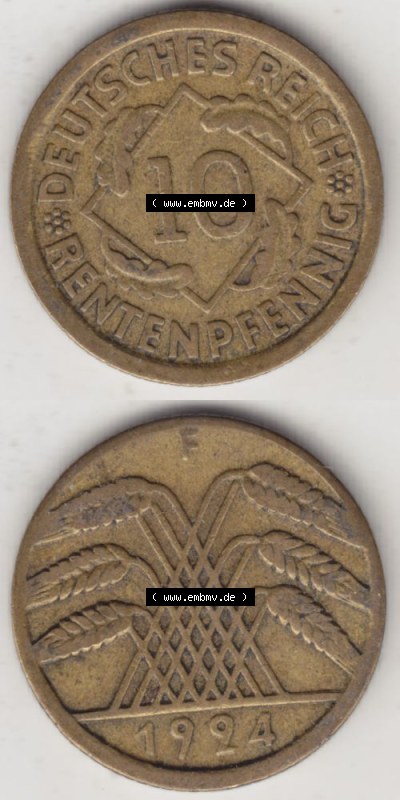 Weimarer Republik Umlaufmünze 1923-1925, 10 Rentenpfennig F, 1924, Münzen Vollansicht Vertikal zum Download für Mobile-Geräte Sammlung