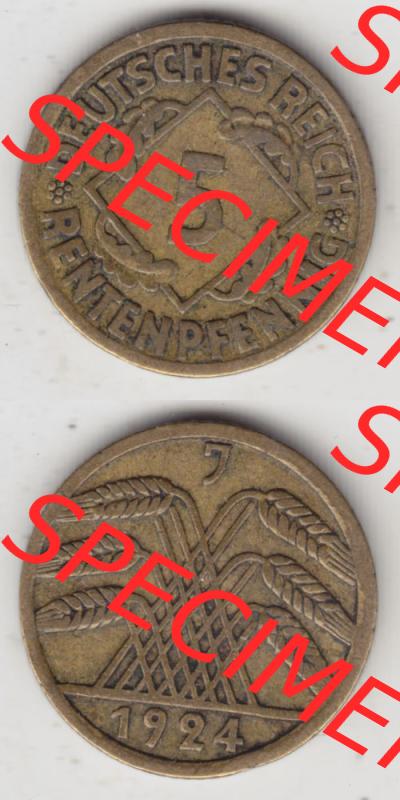 Weimarer Republik Umlaufmünze 1923-1924, 5 Rentenpfennig J, 1924, Münzen Vollansicht Vertikal zum Download für Mobile-Geräte Sammlung