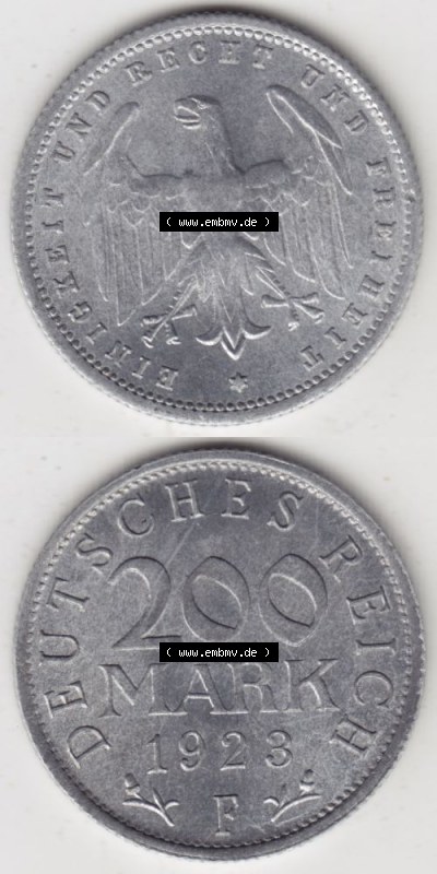 Weimarer Republik Umlaufmünze 1923-1923, 200 Mark F, 1923, Münzen Vollansicht Vertikal zum Download für Mobile-Geräte Sammlung