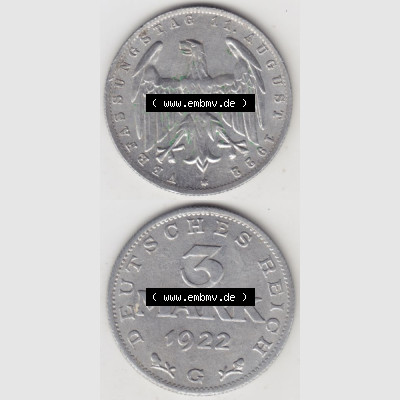 Weimarer Republik Umlaufmünze 1922-1923, 3 Mark G, 1923 Verfassungstag 11. August 1922, Münzen Vollansicht Vertikal zum Download für Mobile-Geräte Sammlung