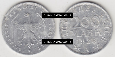 Weimarer Republik Umlaufmünze 1923-1923, 200 Mark A, 1923 II, Münzen Vollansicht Horizontal zum Download Sammlung