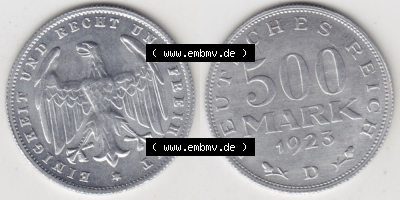 Weimarer Republik Umlaufmünze 1923-1923, 500 Mark D, 1923, Münzen Vollansicht Horizontal zum Download Sammlung
