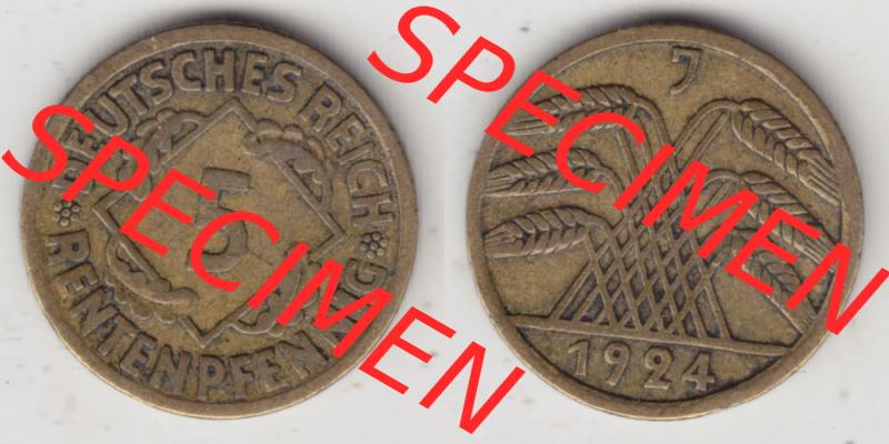 Weimarer Republik Umlaufmünze 1923-1924, 5 Rentenpfennig J, 1924, Münzen Vollansicht Horizontal zum Download Sammlung