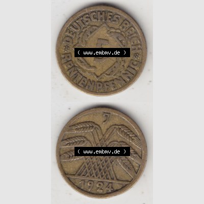 Weimarer Republik Umlaufmünze 1923-1924, 5 Rentenpfennig J, 1924, Münzen Vollansicht Vertikal zum Download für Mobile-Geräte Sammlung